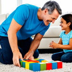 A parent and a child are joyfully assembling a vibrant, large building block set on a clean rug in a bright, sunlit living room. The child, wearing age-appropriate and modest clothing, looks up at the parent with bright, curious eyes, while the parent, dressed in fully clothed, modest casual wear, guides their hands. The scene conveys a sense of happy collaboration and imaginative play, safe for work, appropriate content, fully clothed, family-friendly, perfect anatomy, correct proportions, natural pose, well-formed hands, proper finger count, natural body proportions, professional photography, high quality, detailed, bright lighting.