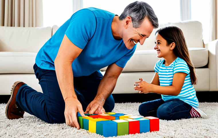 A parent and a child are joyfully assembling a vibrant, large building block set on a clean rug in a bright, sunlit living room. The child, wearing age-appropriate and modest clothing, looks up at the parent with bright, curious eyes, while the parent, dressed in fully clothed, modest casual wear, guides their hands. The scene conveys a sense of happy collaboration and imaginative play, safe for work, appropriate content, fully clothed, family-friendly, perfect anatomy, correct proportions, natural pose, well-formed hands, proper finger count, natural body proportions, professional photography, high quality, detailed, bright lighting.