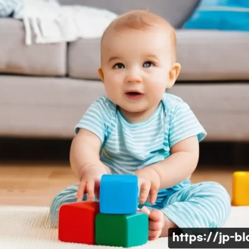 아이와 함께하는 블록완구 놀이법 - **Prompt 1: Toddler's First Block Creation**
    A happy and curious baby, around 18 months old, sit...