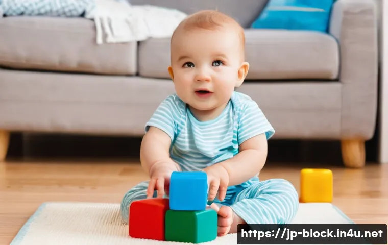 아이와 함께하는 블록완구 놀이법 - **Prompt 1: Toddler's First Block Creation**
    A happy and curious baby, around 18 months old, sit...