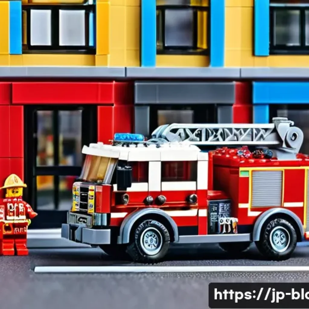 레고 시티 소방서 - A highly detailed LEGO City fire truck toy set featuring extendable hoses and a smoothly rotating la...