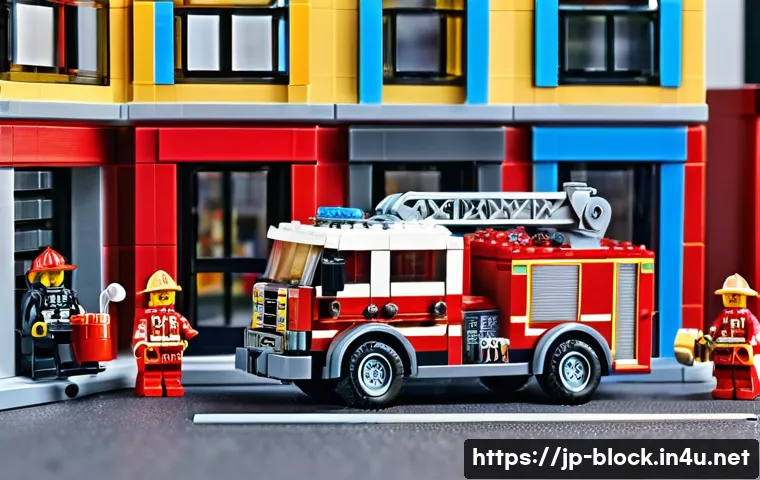 레고 시티 소방서 - A highly detailed LEGO City fire truck toy set featuring extendable hoses and a smoothly rotating la...