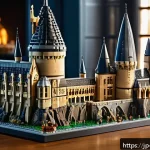 레고 해리포터 호그와트 성 - A highly detailed LEGO Hogwarts castle model featuring intricate stone-textured walls and multi-shad...