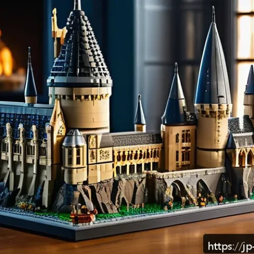 레고 해리포터 호그와트 성 - A highly detailed LEGO Hogwarts castle model featuring intricate stone-textured walls and multi-shad...