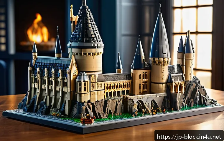 레고 해리포터 호그와트 성 - A highly detailed LEGO Hogwarts castle model featuring intricate stone-textured walls and multi-shad...